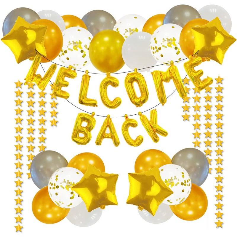 Tazimi 66 Pieces Welcome Back Balloon Banner Decorations Kit with Gold Welcome Back and Star Banner Gold Silver Confetti Glitter Balloons Star Shape Balloons for School Classroom, Wedding, Home Party Decors - Image 1